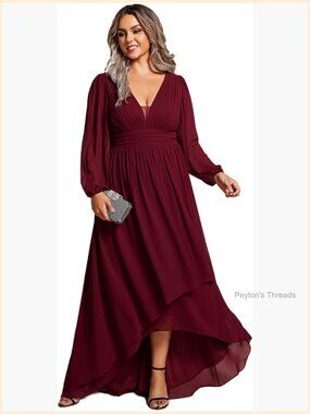Plus Size V-Neck A-Line Chiffon Floor-Length Long Sleeve Formal Dress